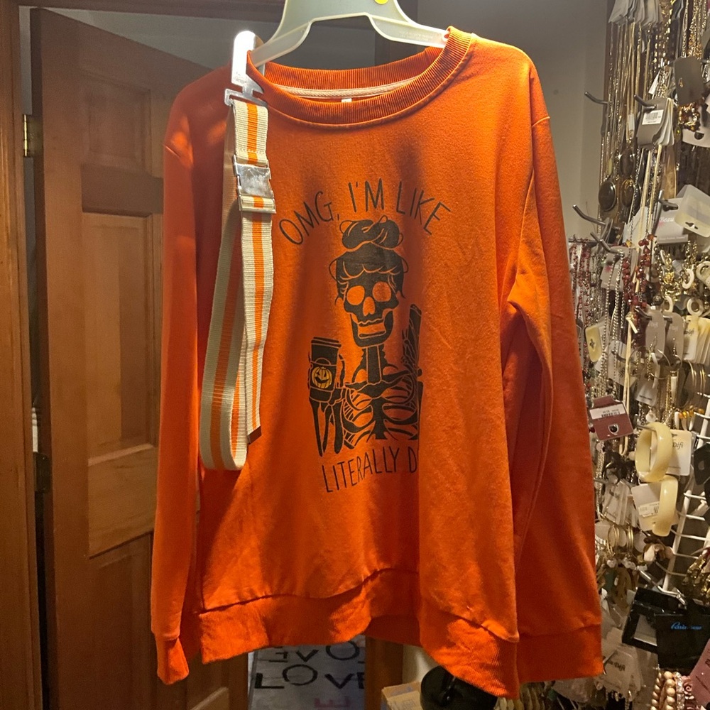 Halloween Sweatshirt wiSkeleton Print am I really dead w/adjustable belt NEW